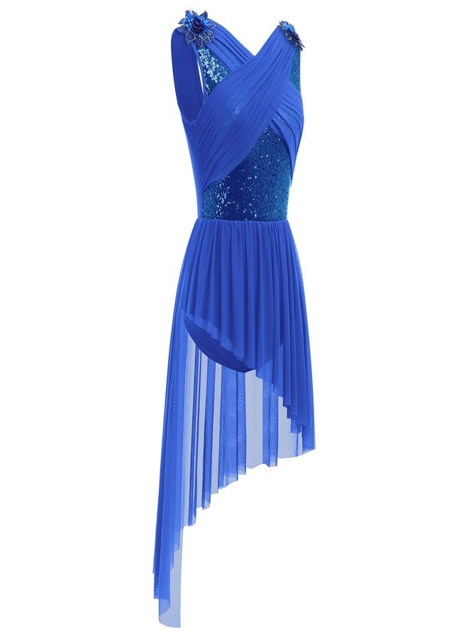 AFAVOM Women's Lyrical Dance Costume Sleeveless V-Neck Sequin Flower Lyrical Dance Dress Asymmetric Flowy Mesh Tulle Skirt Contemporary Dance Costumes Ballet Leotard Dancewear Royal Blue S - Image 2